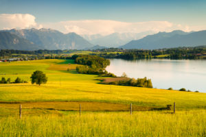 Riegsee against Ester Mountains, Wetterstein Mountains and Ammergau Alps, Upper Bavaria, Bavaria, Germany Riegsee against Ester Mountains, Wetterstein Mountains and Ammergau Alps, Upper Bavaria, Bavaria, Germany